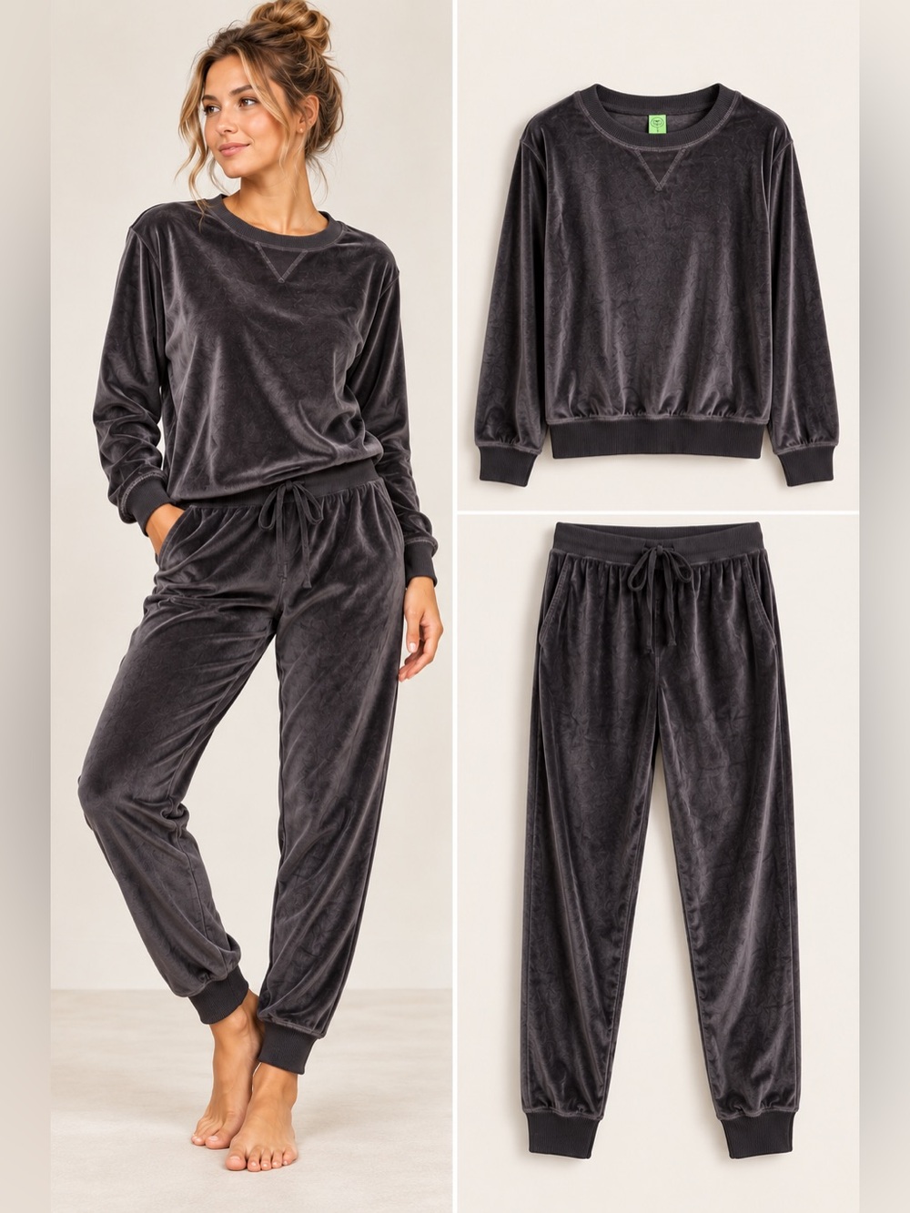 Honeydew Velour Lounge Set Charcoal Gray Sweatshirt Joggers L